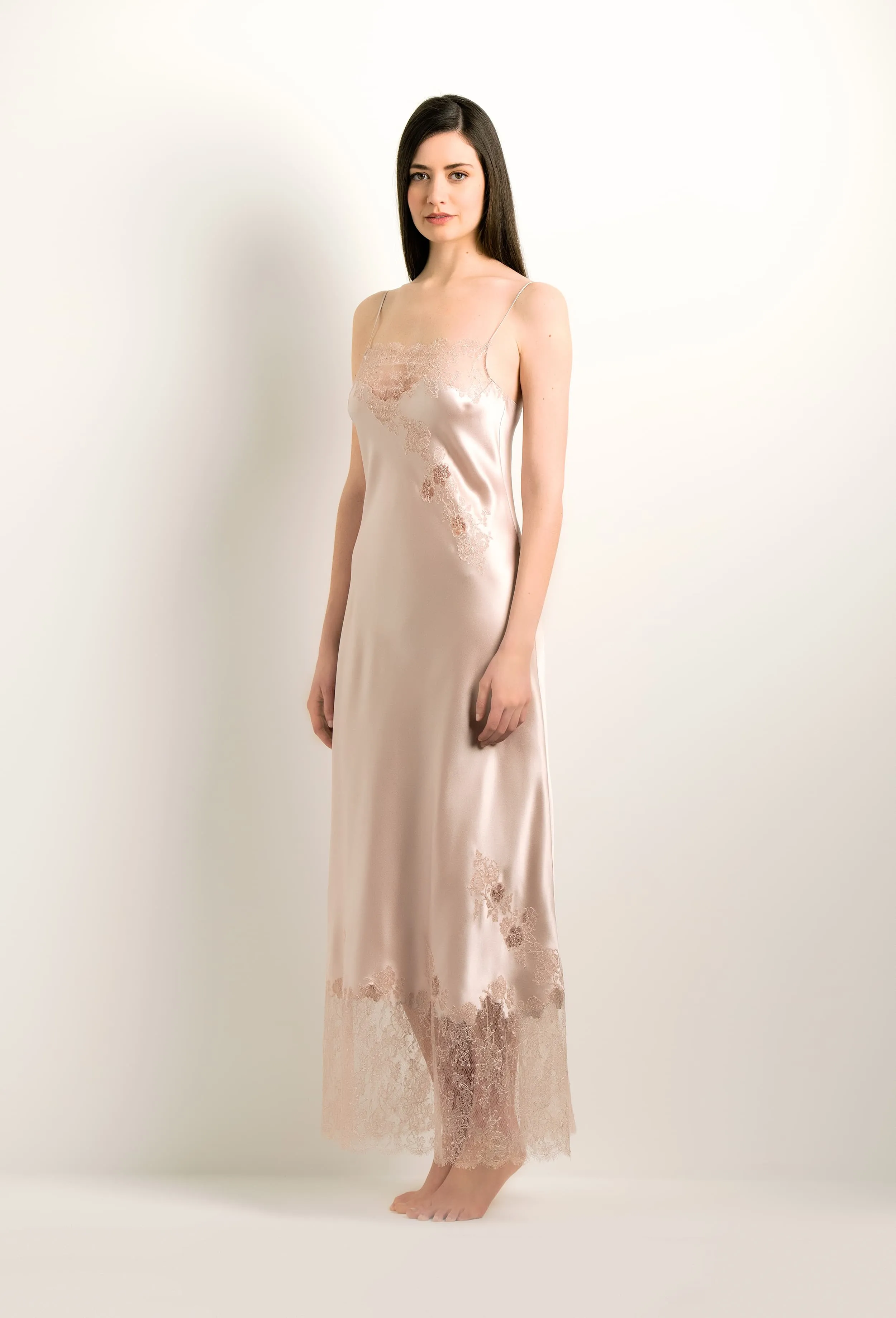 Long silk slip dress - Dove grey and Rosa Caudry lace