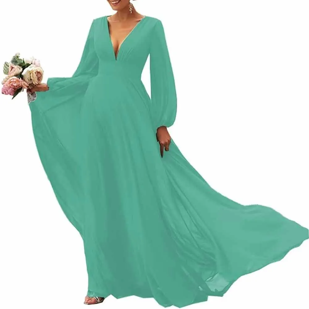 Long Sleeve V-Neck Chiffon Bridesmaid Dresses A Line Prom Dress Evening Gowns