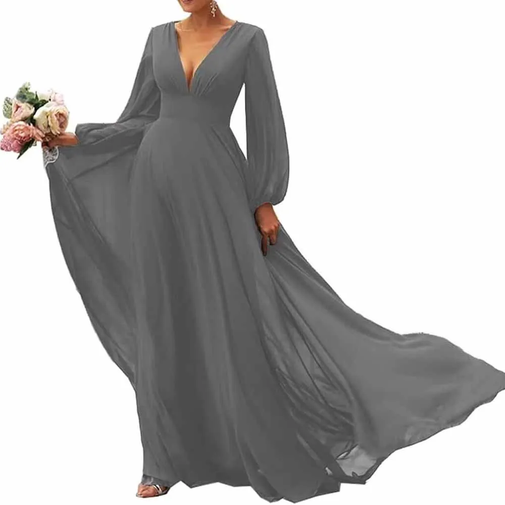 Long Sleeve V-Neck Chiffon Bridesmaid Dresses A Line Prom Dress Evening Gowns