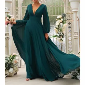 Long Sleeve V-Neck Chiffon Bridesmaid Dresses A Line Prom Dress Evening Gowns