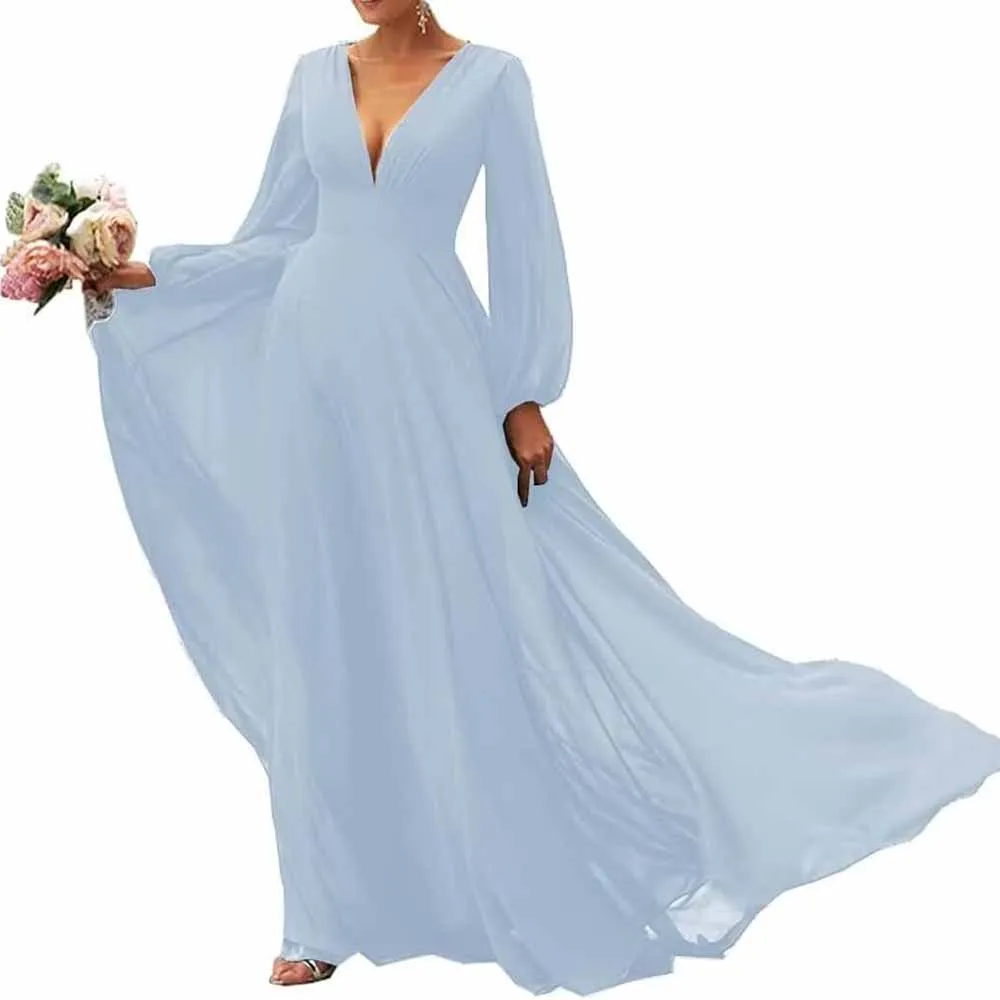 Long Sleeve V-Neck Chiffon Bridesmaid Dresses A Line Prom Dress Evening Gowns