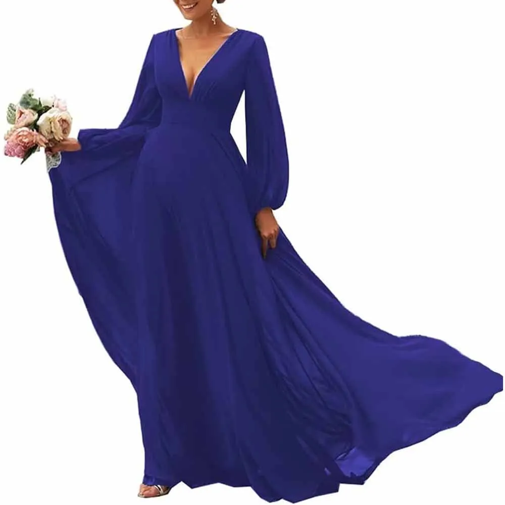 Long Sleeve V-Neck Chiffon Bridesmaid Dresses A Line Prom Dress Evening Gowns