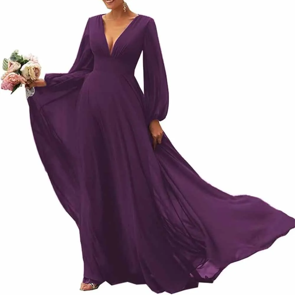 Long Sleeve V-Neck Chiffon Bridesmaid Dresses A Line Prom Dress Evening Gowns