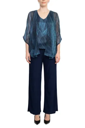 Marina Scoop Neck Metallic Top Mid Waist Solid Jersey Pant with Matching Metallic Jacket (3pc Set)