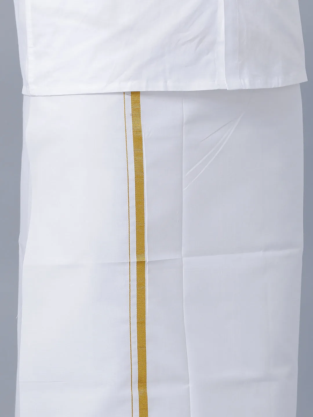 Men 100% Cotton White Full Sleeves Shirt with 1/2'' inch Jari Single Dhoti & Towel Combo