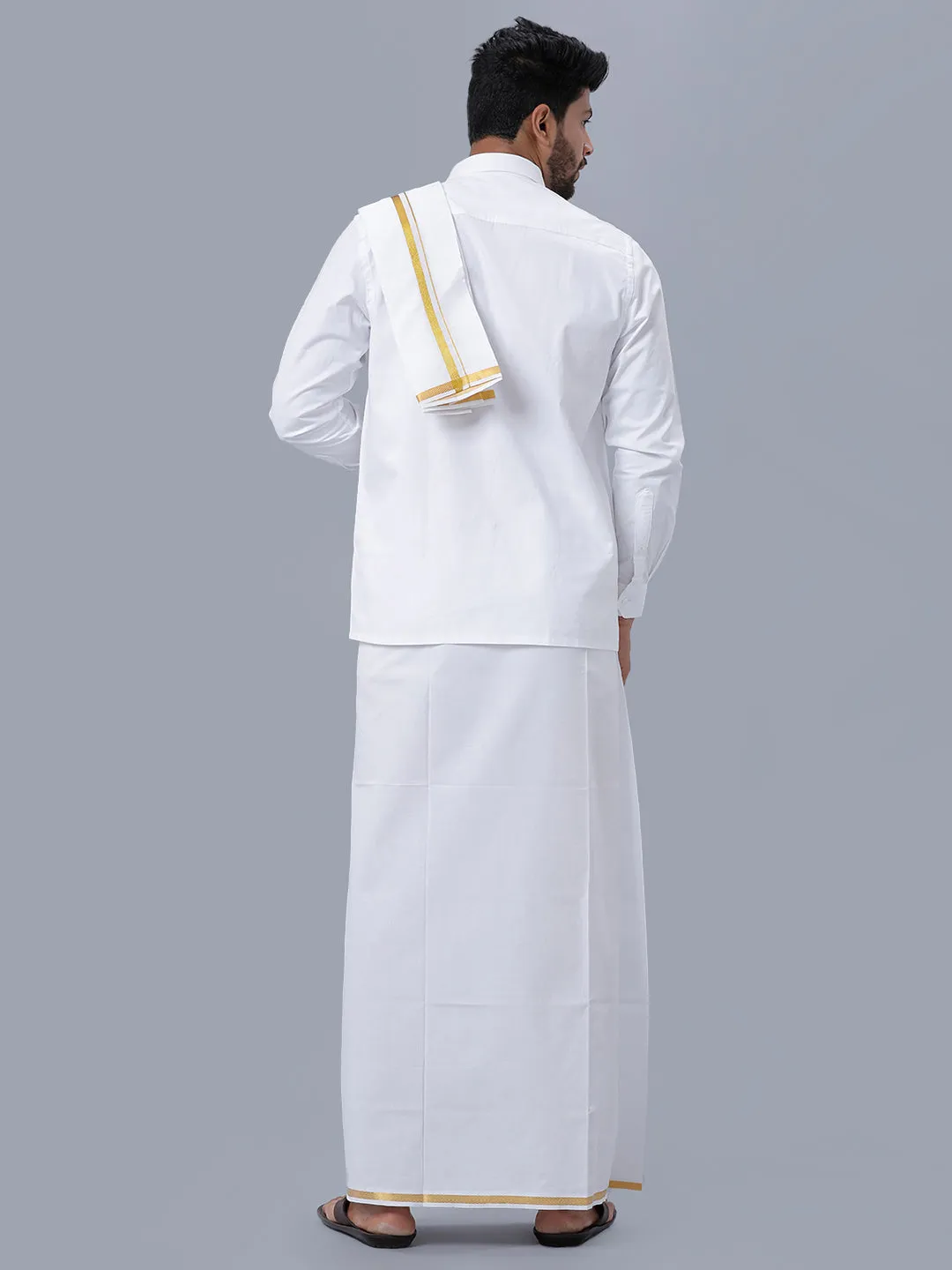 Men 100% Cotton White Full Sleeves Shirt with 1/2'' inch Jari Single Dhoti & Towel Combo