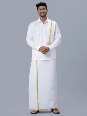 Men 100% Cotton White Full Sleeves Shirt with 1/2'' inch Jari Single Dhoti & Towel Combo