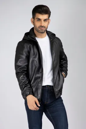 Mens Bardolf Simple Genuine Lambskin Leather Hooded Bomber Jacket