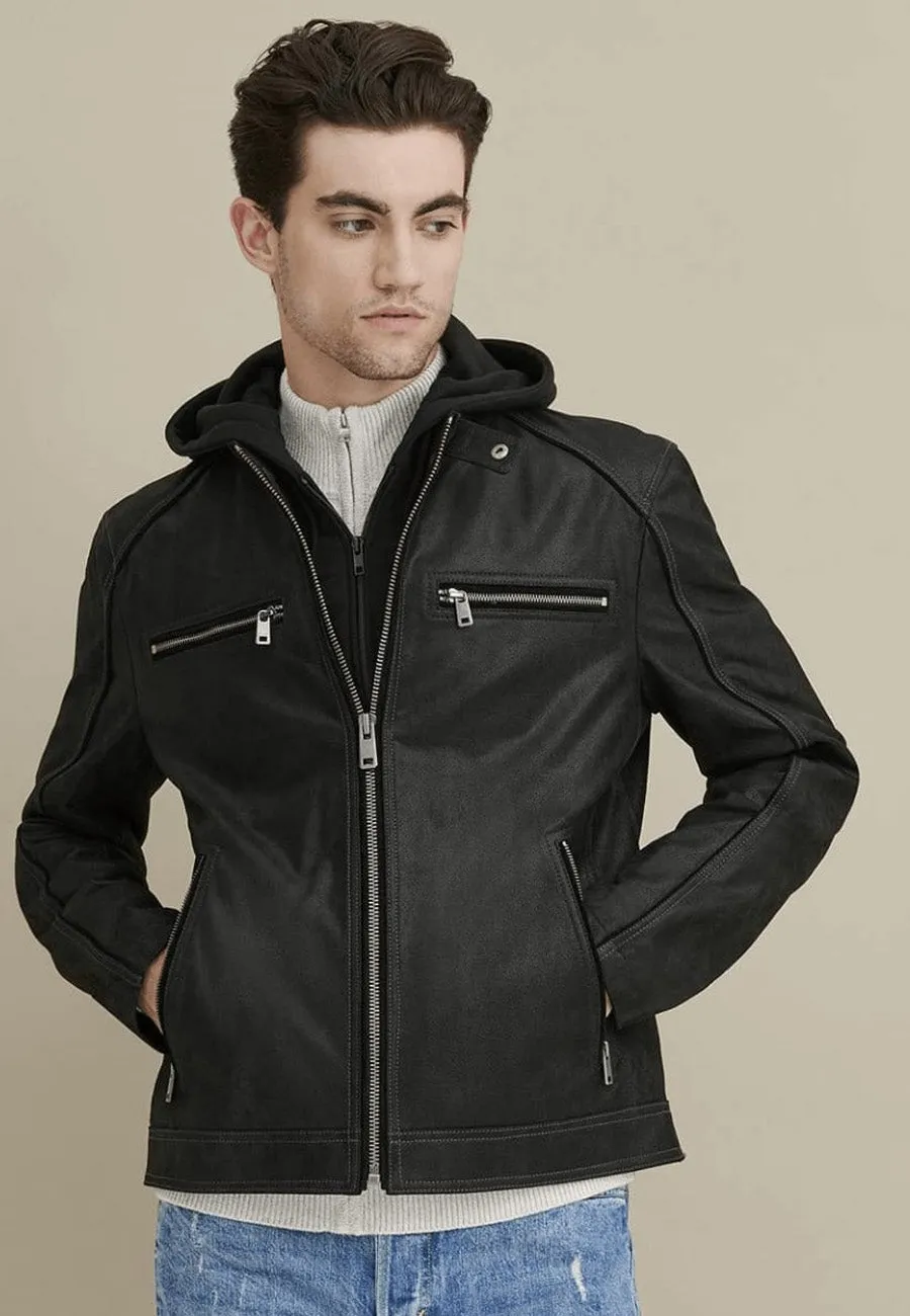 Men’s Black Leather Jacket Removable Hood