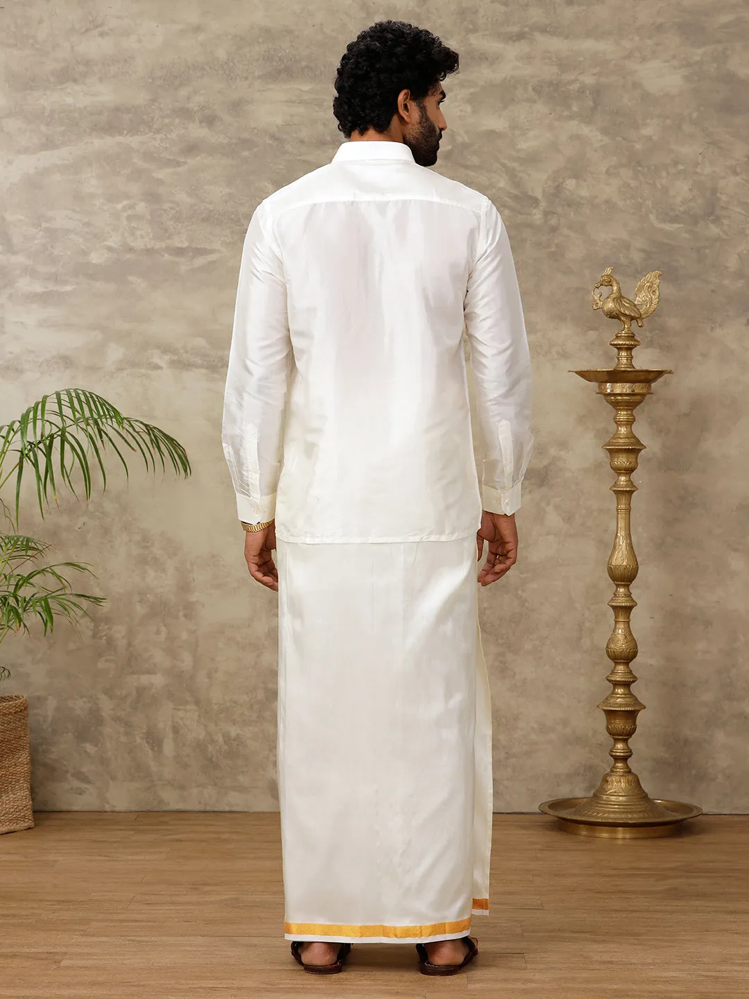 Mens Cream Art Silk Full Sleeves Shirt with Readymade Double Dhoti Combo