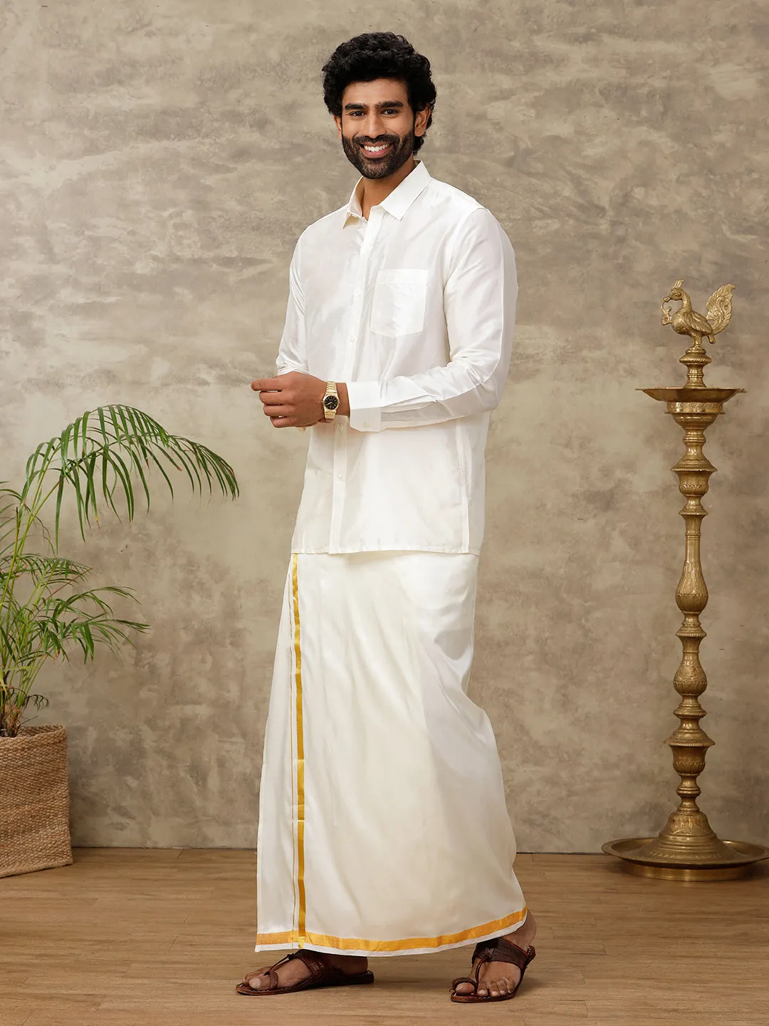 Mens Cream Art Silk Full Sleeves Shirt with Readymade Double Dhoti Combo