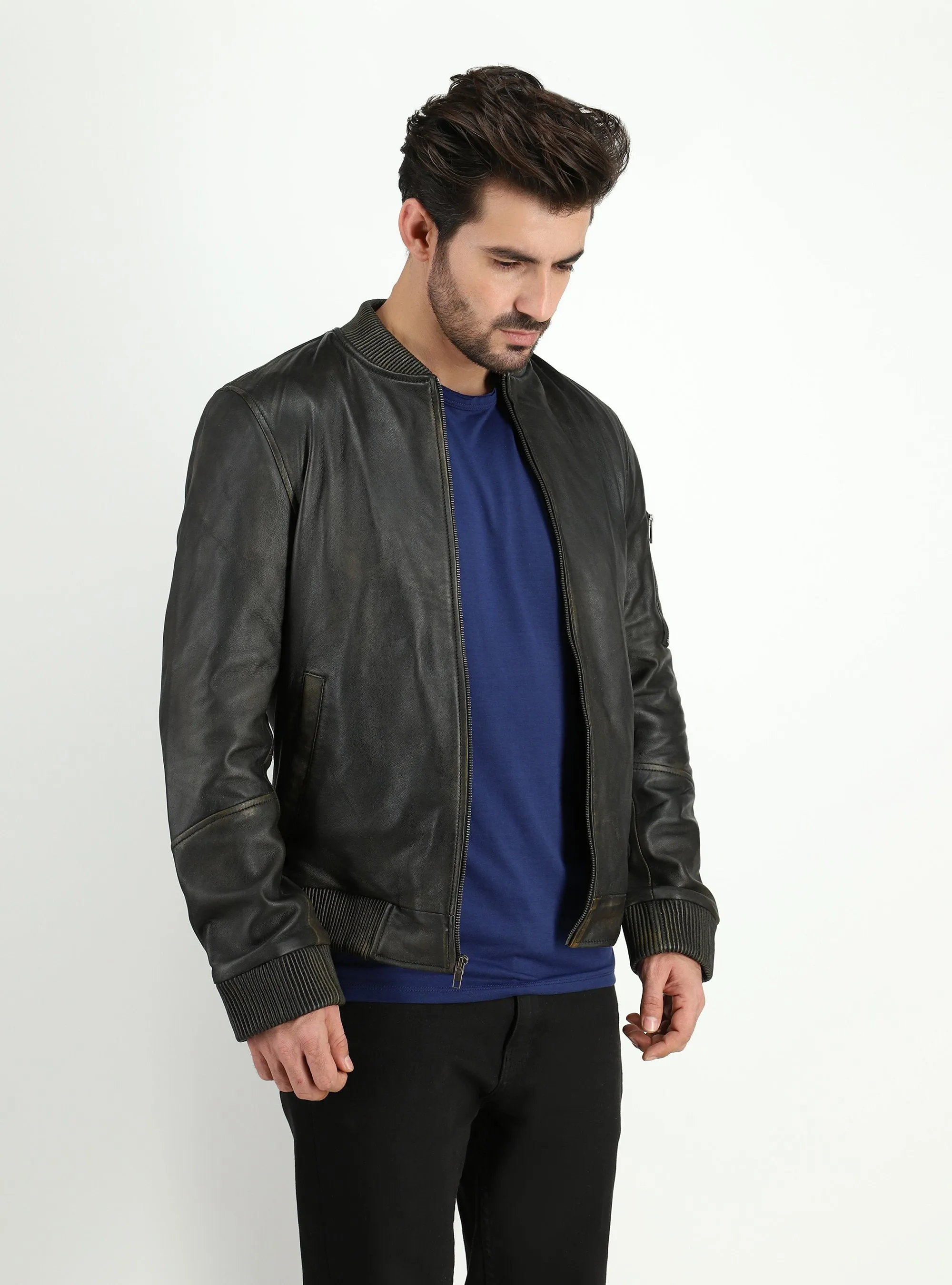 Men's Kadon Rub Off Black Leather Bomber Jacket