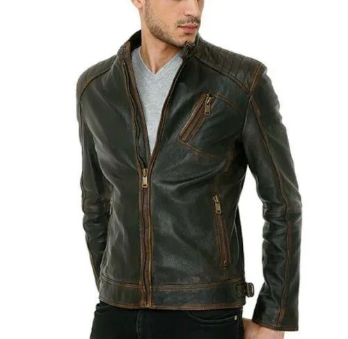 Men's Motorcycle Distressed Cafe Racer Biker Retro Real Leather Jacket