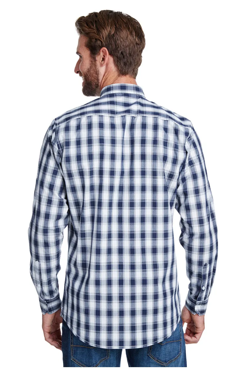 Men's Mulligan Check Long Sleeve Cotton Shirt (White / Navy)