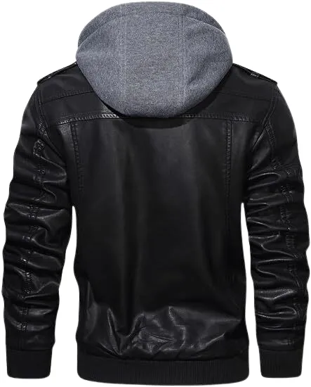 Men's PU Leather Bomber Jacket with Removable Hood.