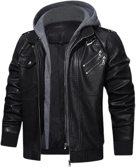 Men's PU Leather Bomber Jacket with Removable Hood.