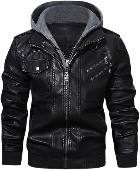 Men's PU Leather Bomber Jacket with Removable Hood.