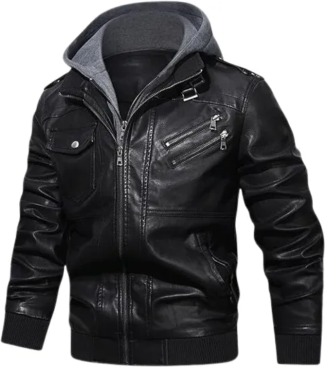 Men's PU Leather Bomber Jacket with Removable Hood.