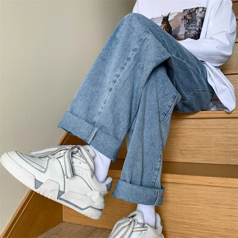 Men's Straight Leg Jeans Solid Color Man Denim Trousers Fashion Boy's Casual Pants Hip Hop Male Korean Streetwear