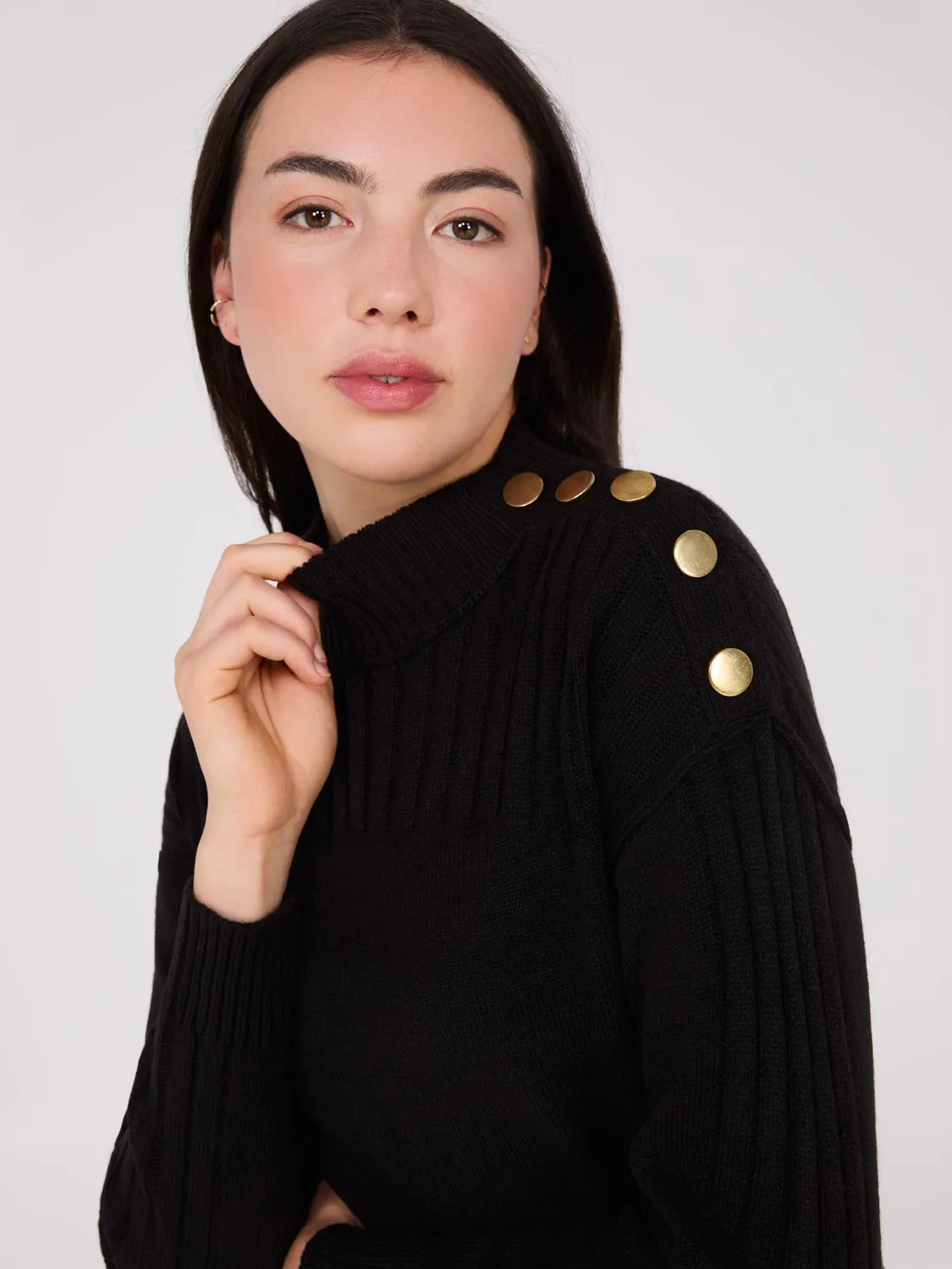 Mock Neck Tunic Sweater With Button Details