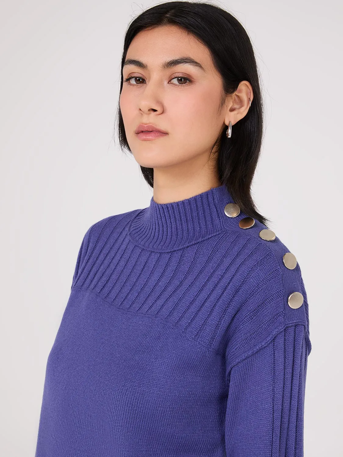 Mock Neck Tunic Sweater With Button Details