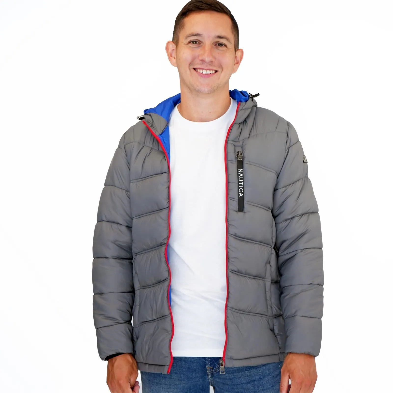 Nautica Mens Performance N83 Hooded Puffer Jacket Grey