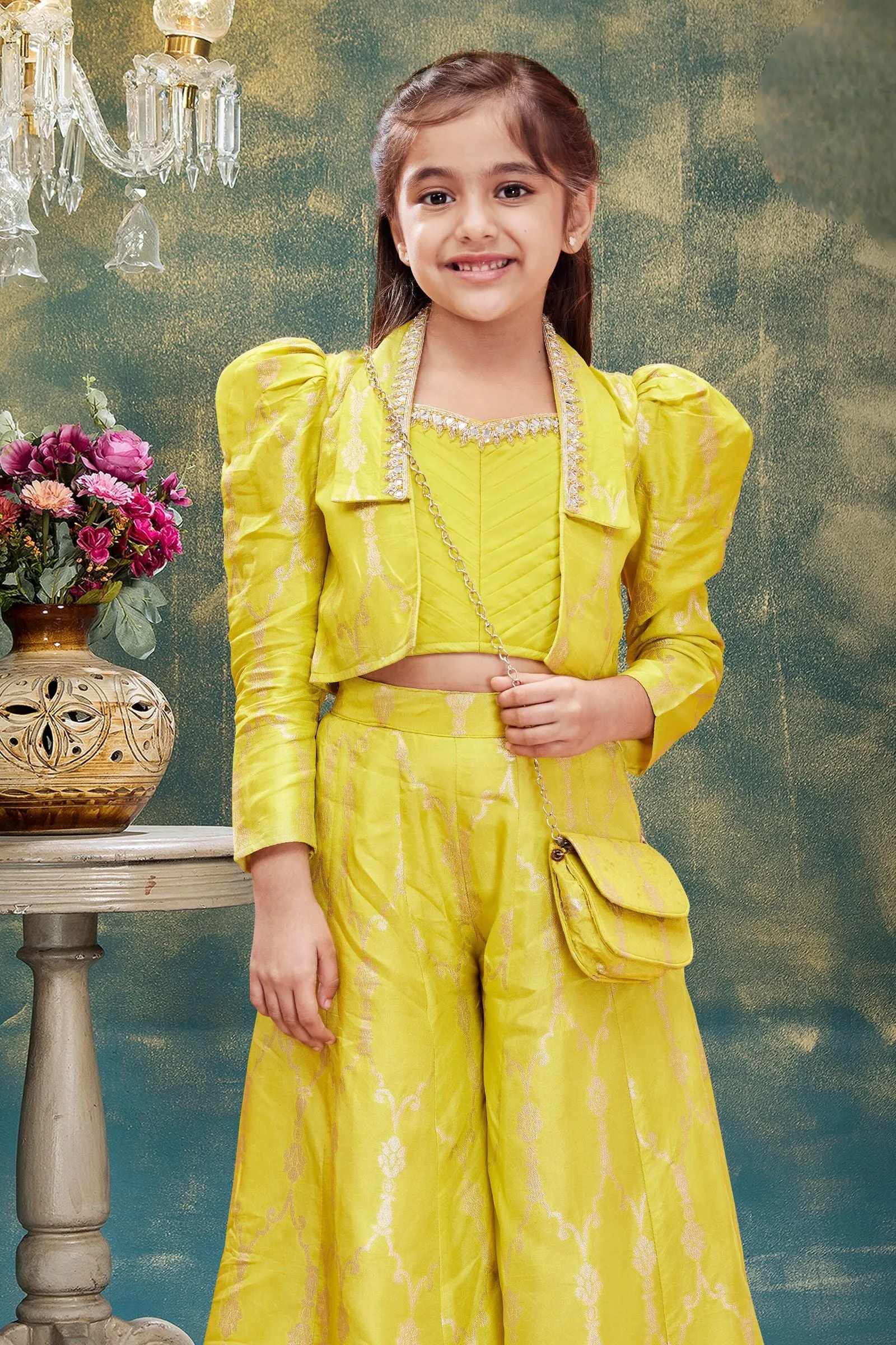 Neon Yellow Mirror, Stone and Jacquard work Overcoat Styled Long Party Gown for Girls