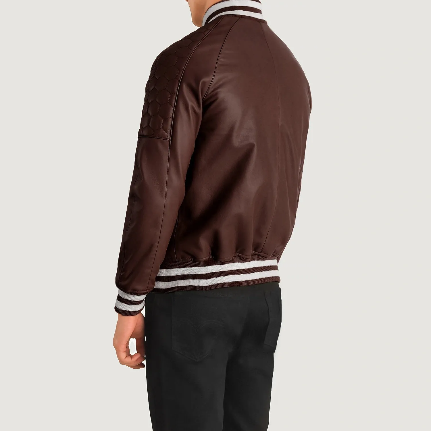 Nexusara Varsity Brown Bomber Leather Jacket