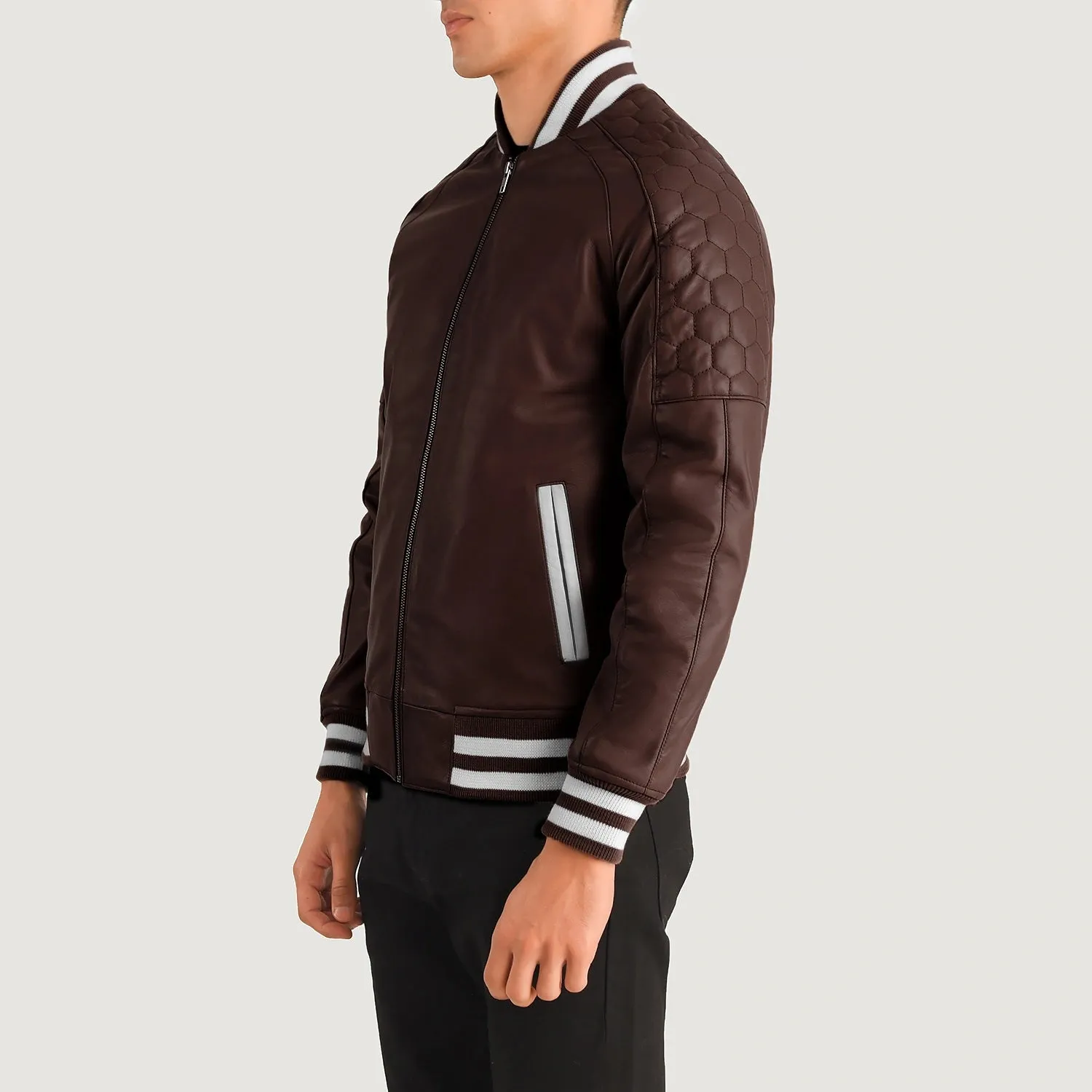 Nexusara Varsity Brown Bomber Leather Jacket