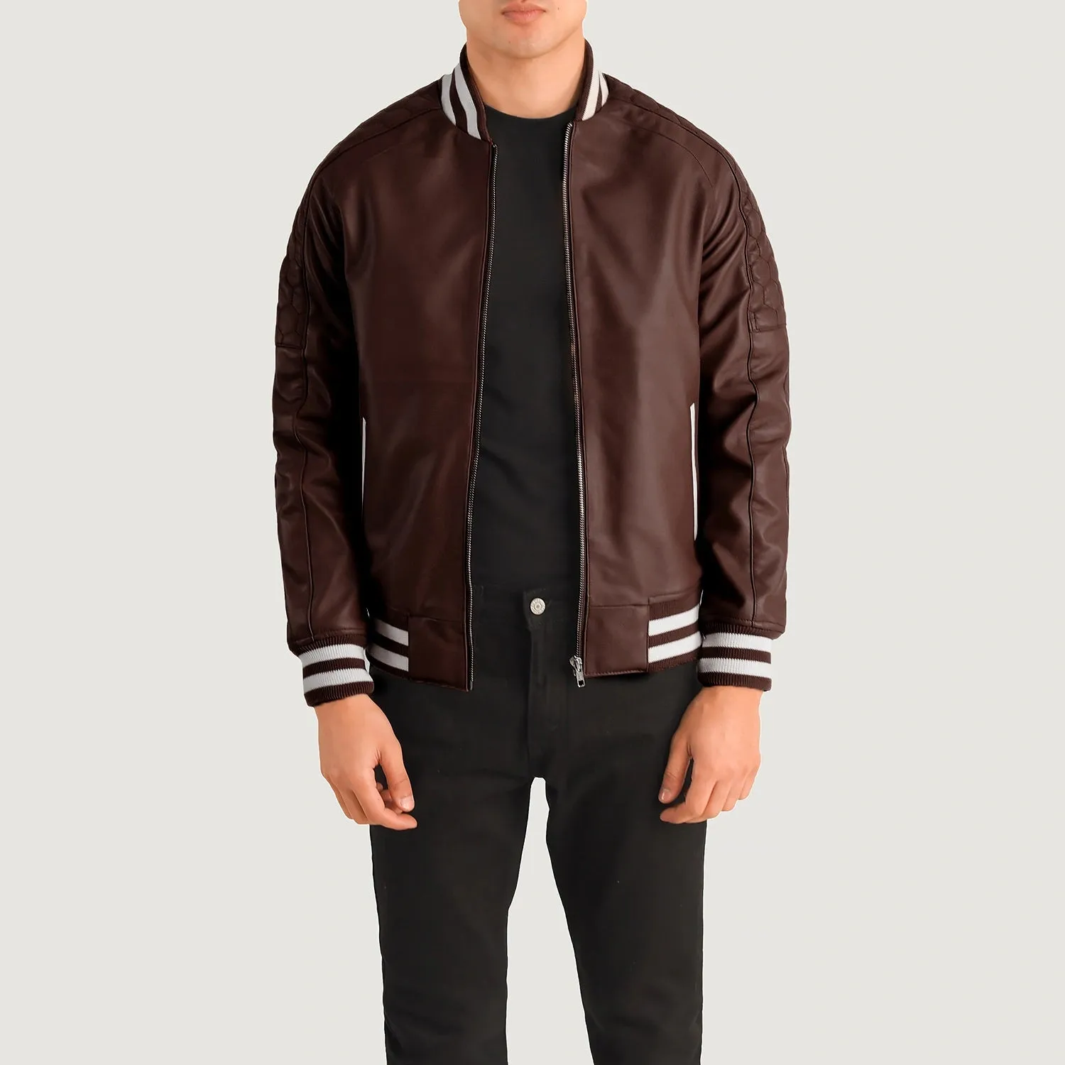 Nexusara Varsity Brown Bomber Leather Jacket