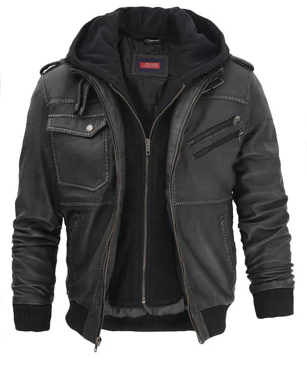 Oliver Men's Leather Bomber Jacket With Detachable Hoodie