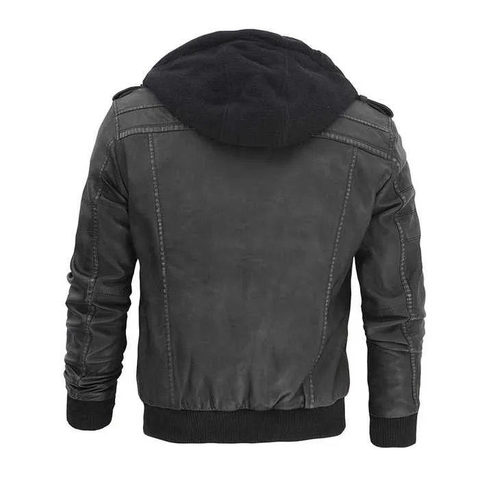 Oliver Men's Leather Bomber Jacket With Detachable Hoodie