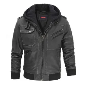 Oliver Men's Leather Bomber Jacket With Detachable Hoodie