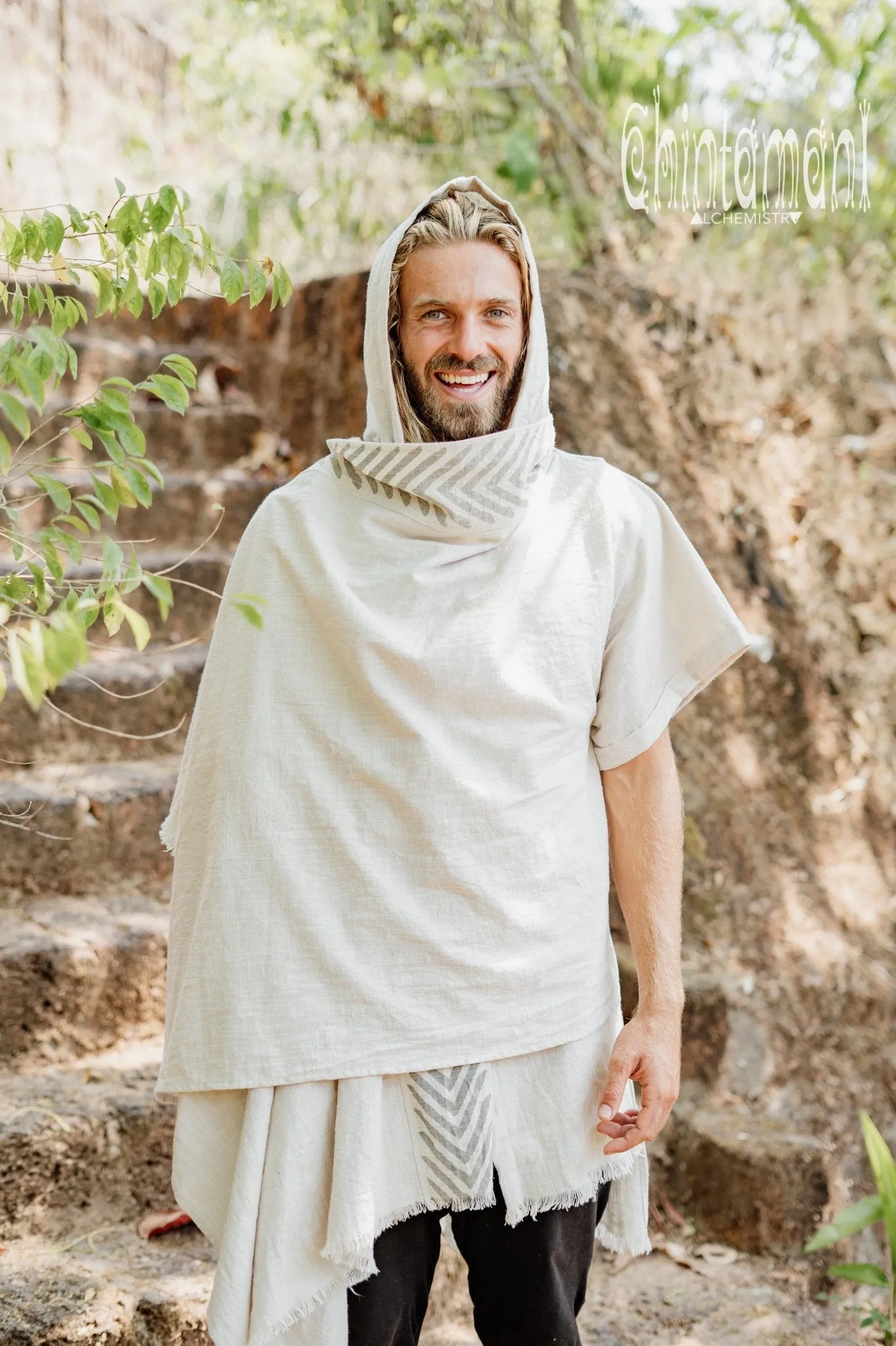 Organic Cotton Hooded Shirt for Men / Nomad Ripped Tunic / Gray