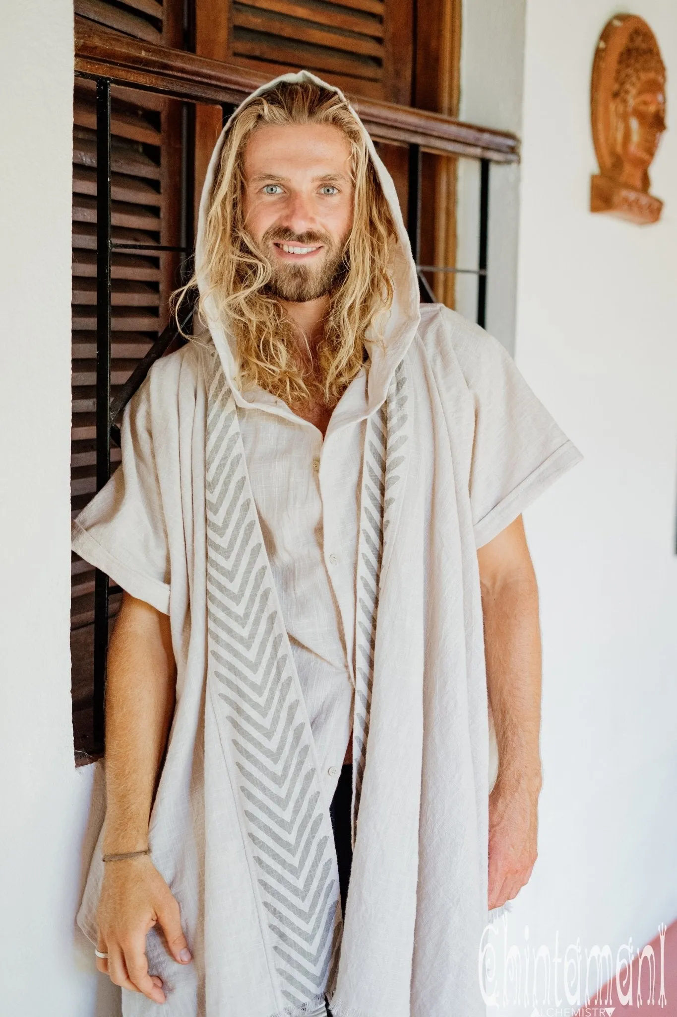 Organic Cotton Hooded Shirt for Men / Nomad Ripped Tunic / Gray