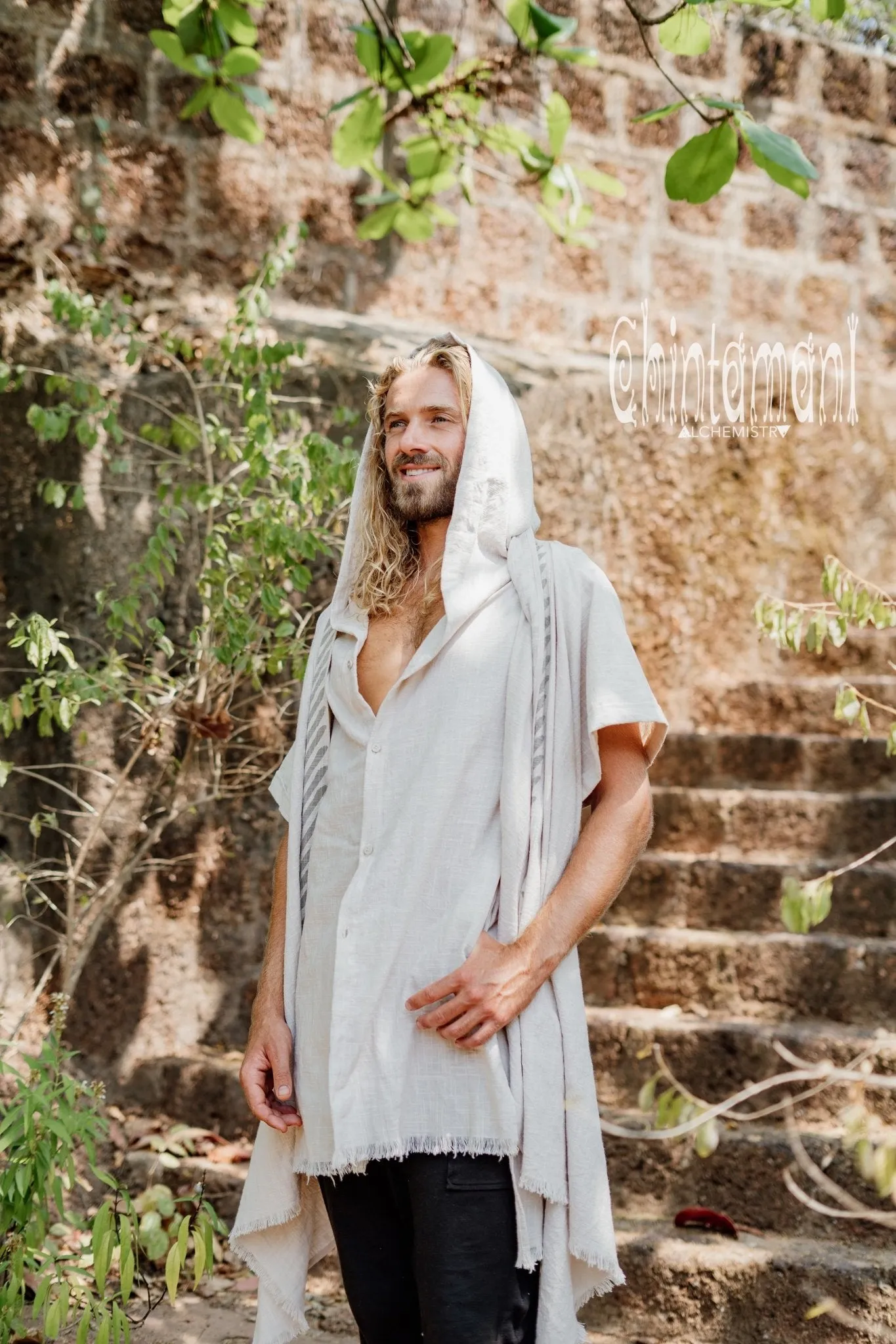 Organic Cotton Hooded Shirt for Men / Nomad Ripped Tunic / Gray