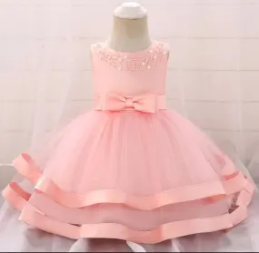 Peach Two Tier Beaded Dress, Size 3-10 Yrs