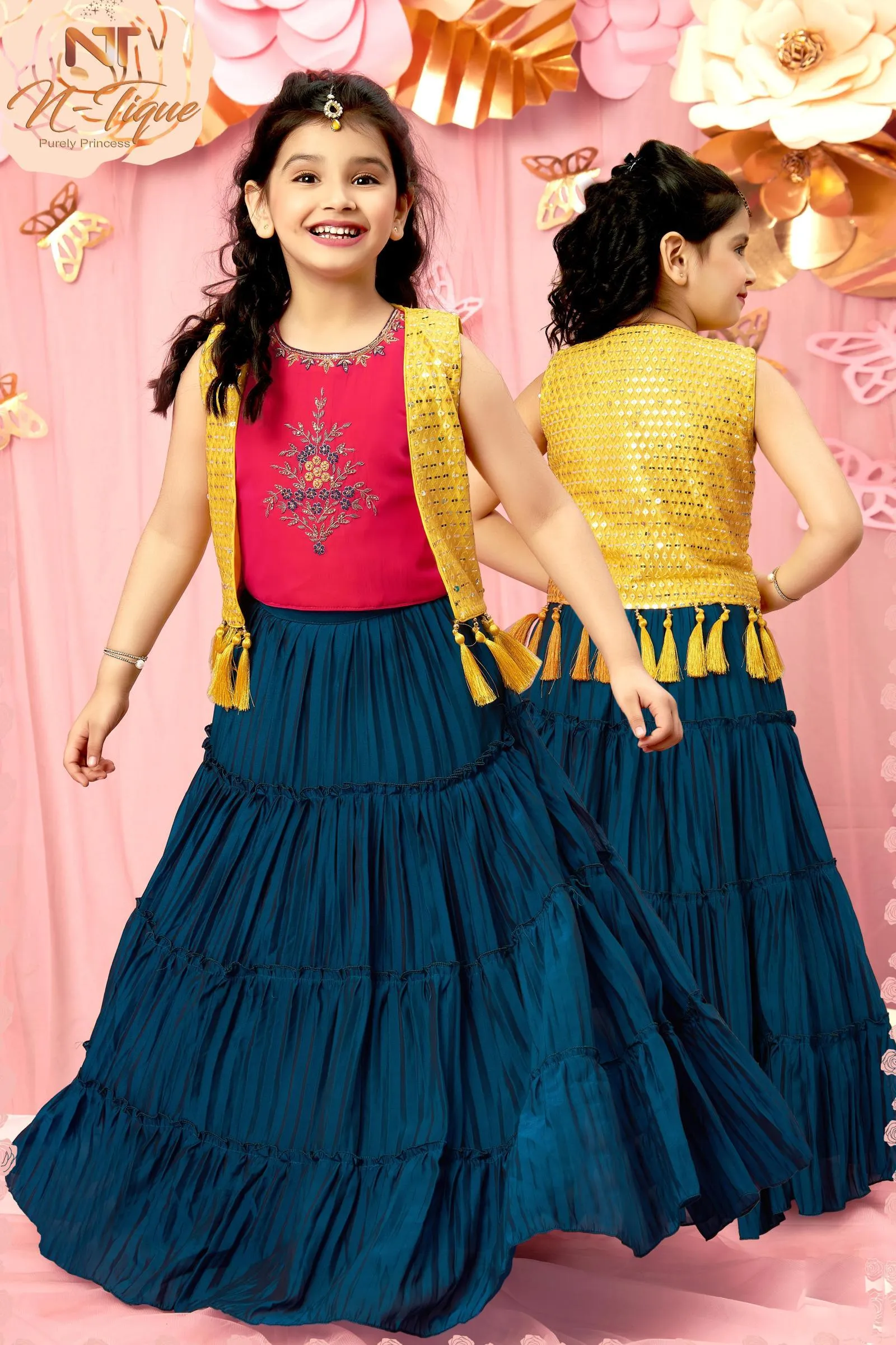 Peacock Blue and Rani Pink with Yellow Overcoat Style Lehenga Choli for Girls