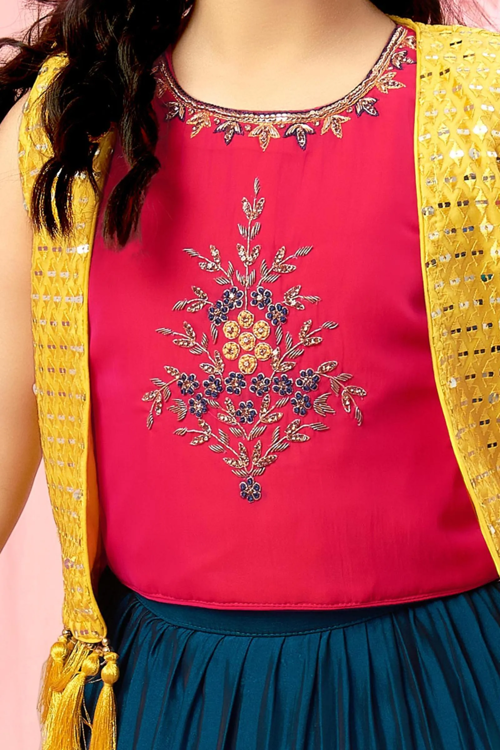 Peacock Blue and Rani Pink with Yellow Overcoat Style Lehenga Choli for Girls