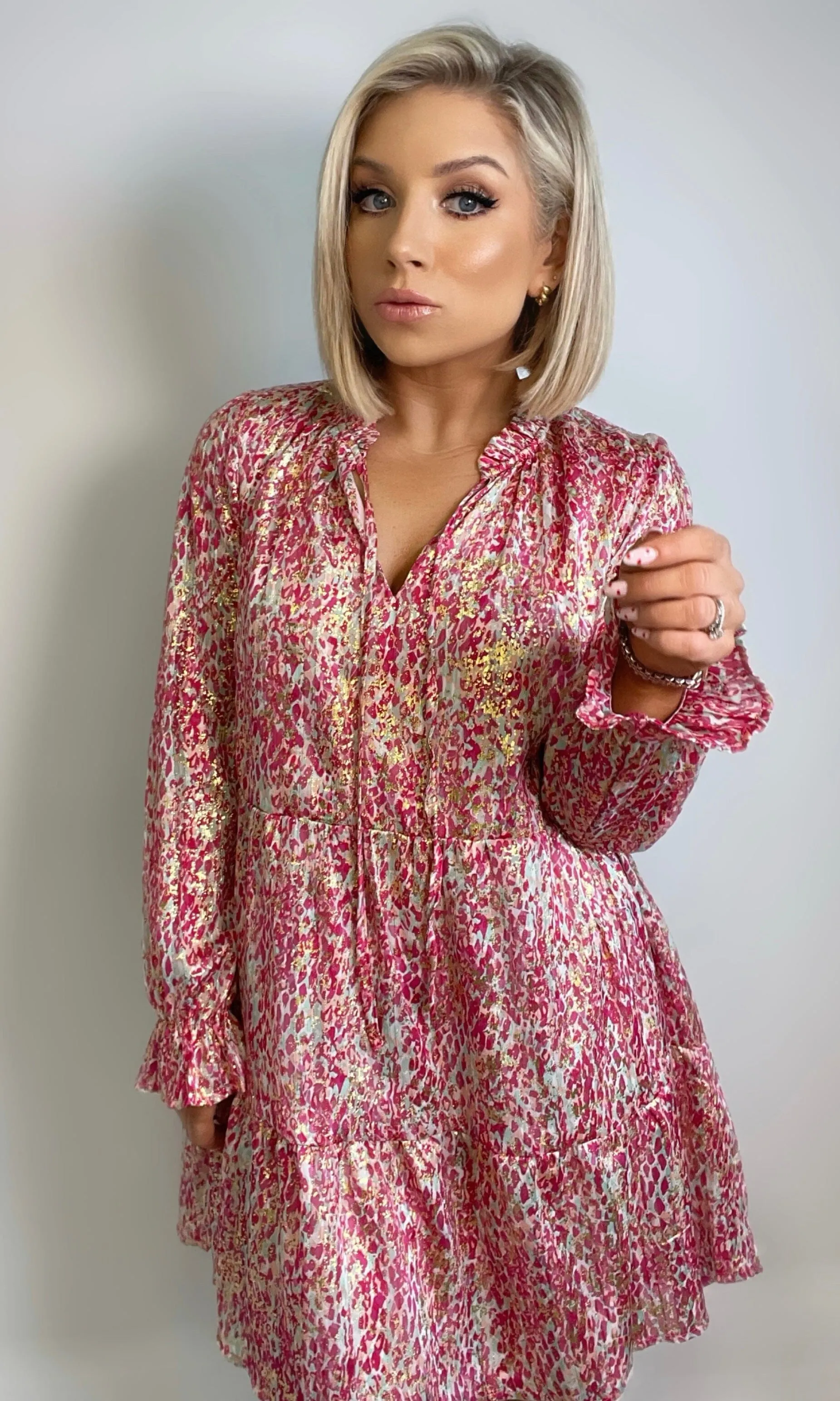 PENELOPE GOLD FOIL DRESS - CERISE