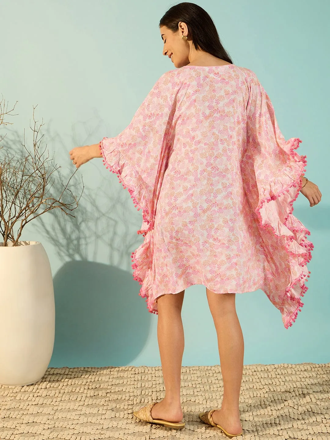 Pink Floral Printed Beach & Resortwear Kaftan For Women