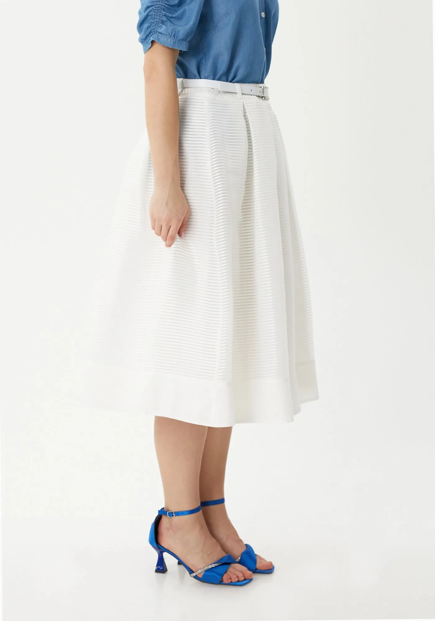 Pleated White Fluffy Midi Skirt with Belt