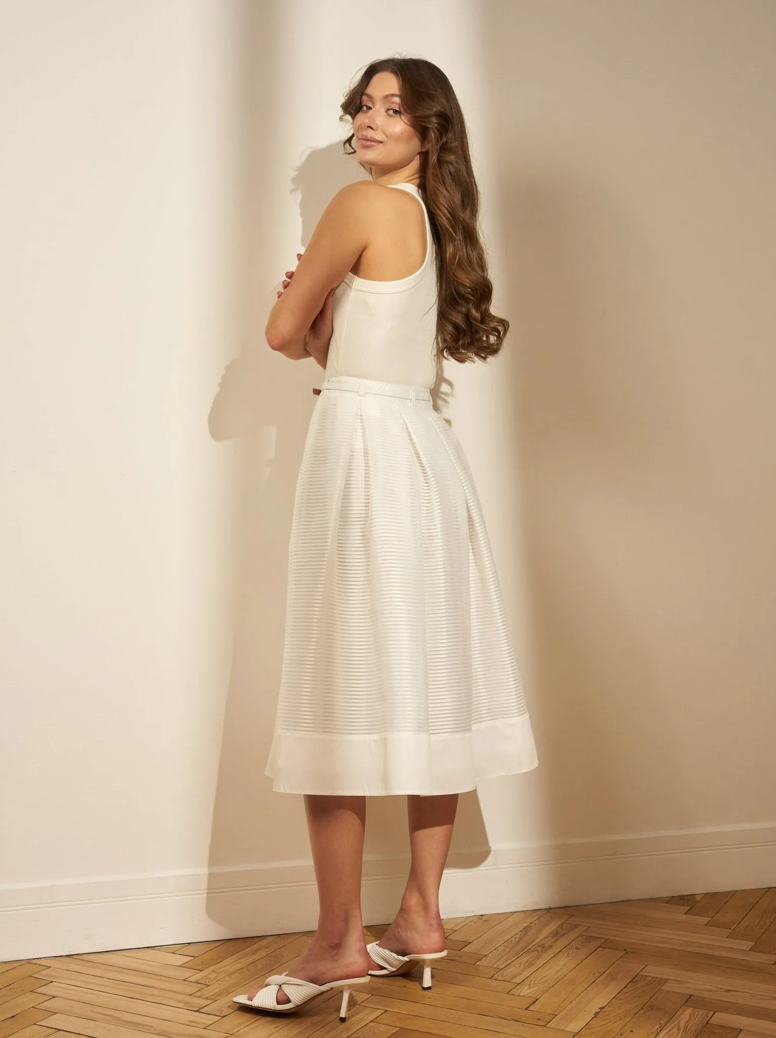 Pleated White Fluffy Midi Skirt with Belt