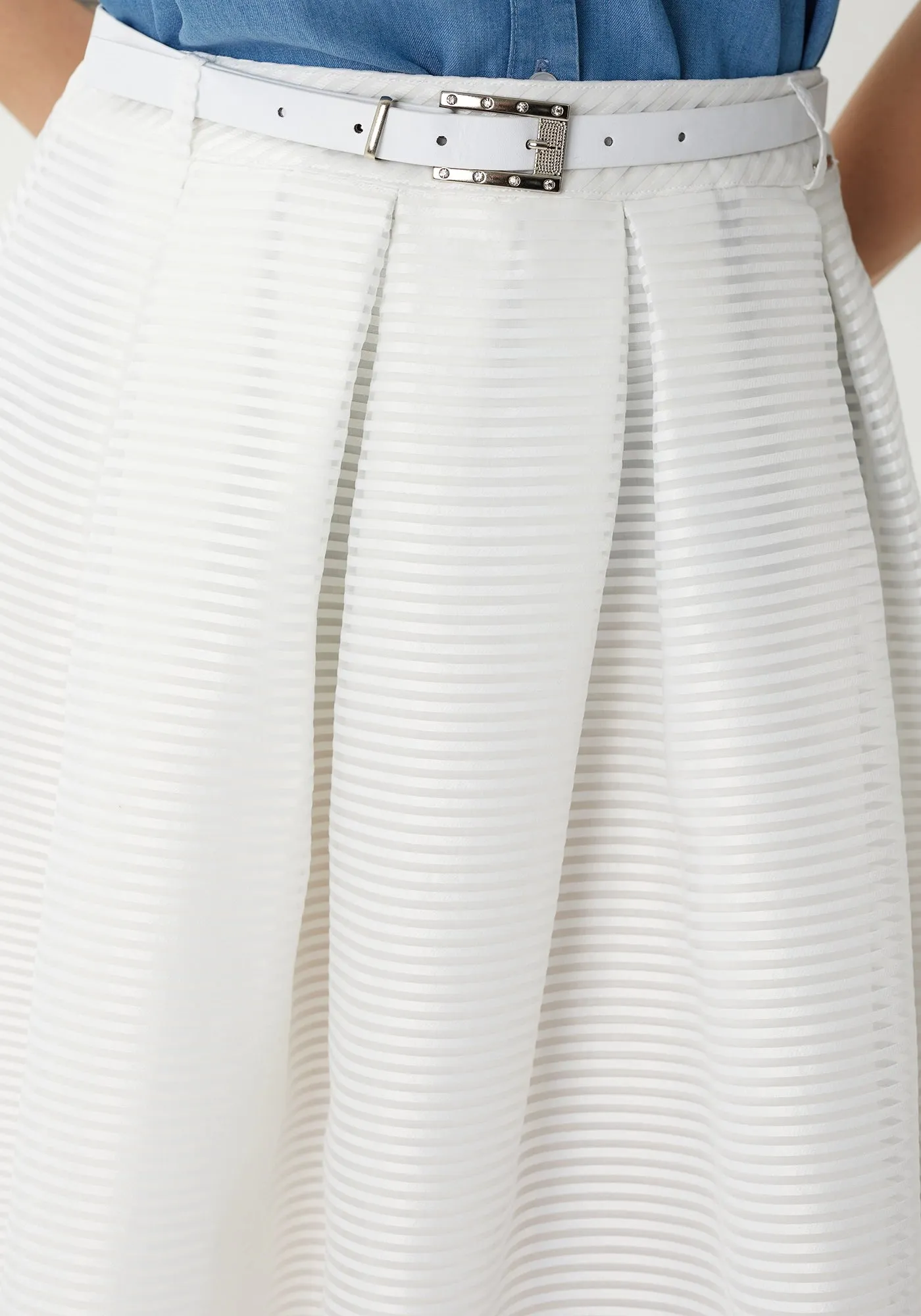 Pleated White Fluffy Midi Skirt with Belt