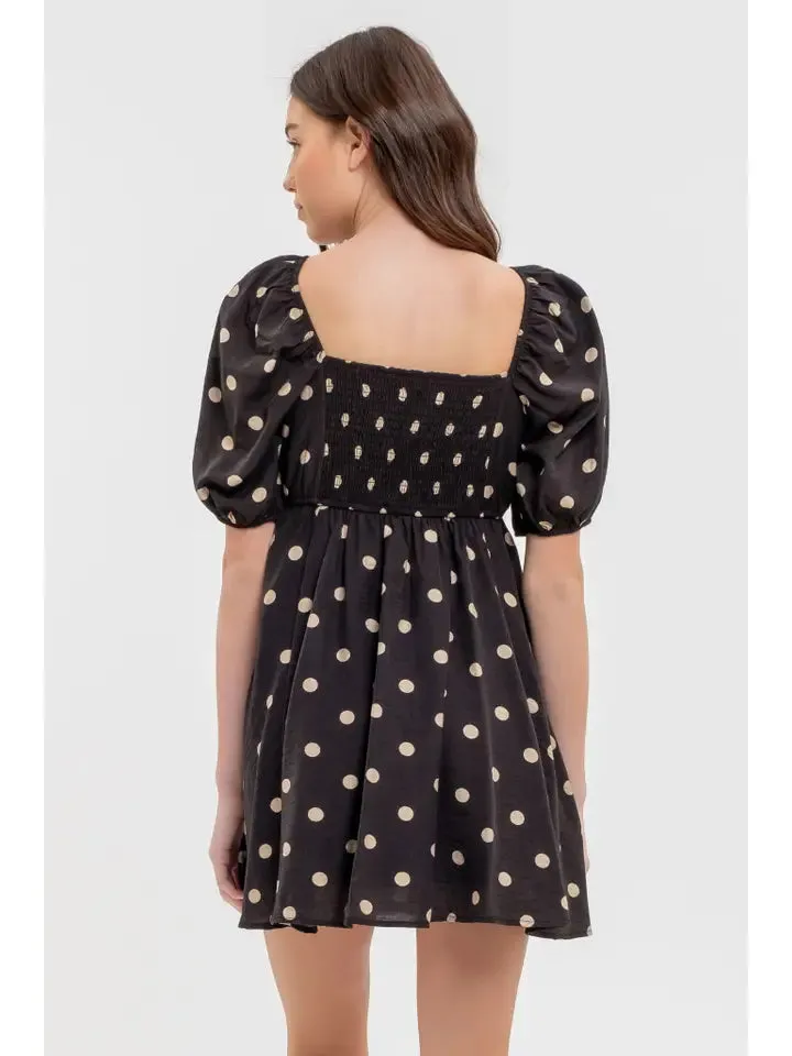 Polka Dot Balloon Sleeve Pleated Mini Dress