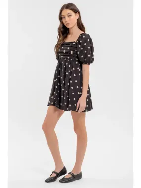 Polka Dot Balloon Sleeve Pleated Mini Dress