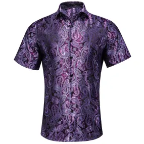 Purple and Black Paisley Short Sleeve Dress Shirt