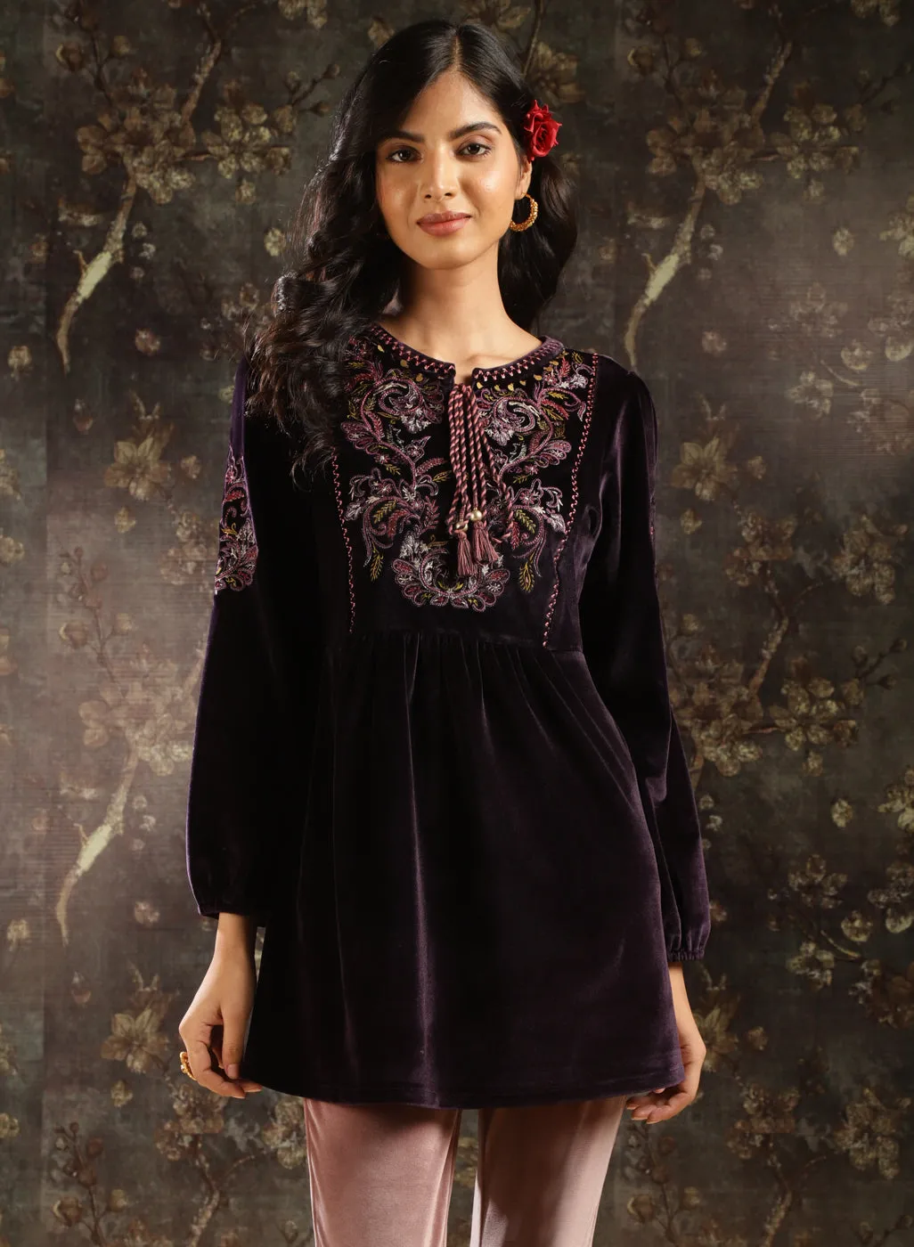 Purple Velvet Tunic with Threadwork and Tassels