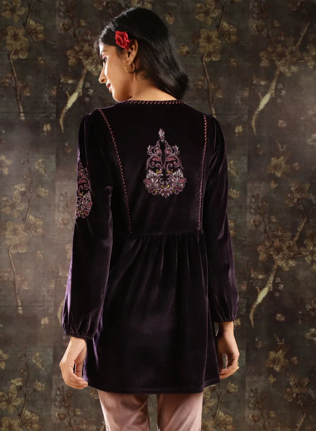 Purple Velvet Tunic with Threadwork and Tassels