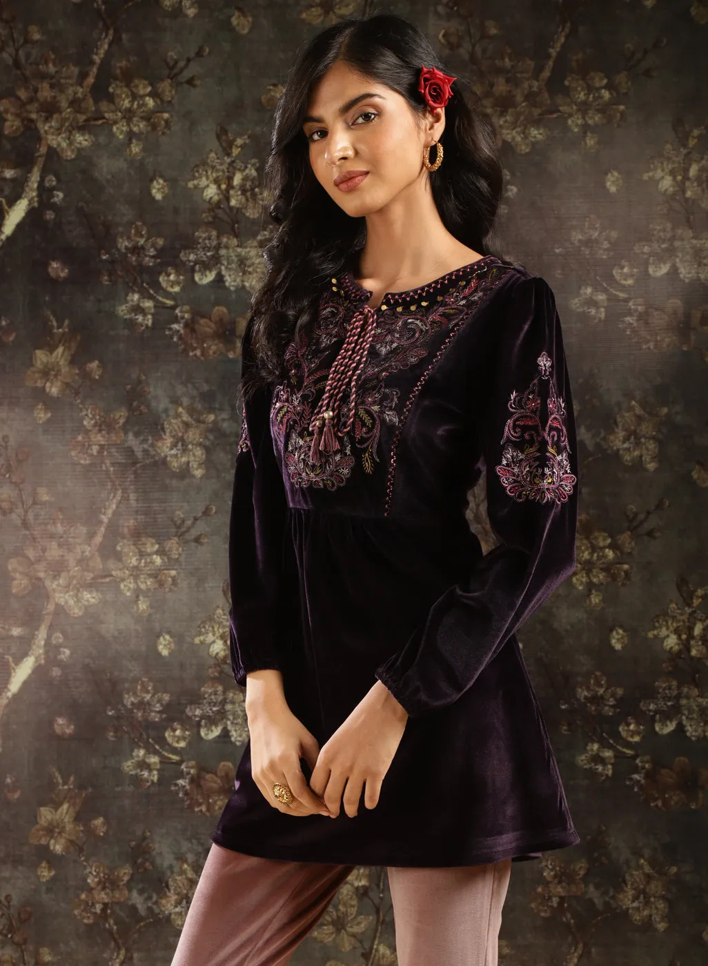 Purple Velvet Tunic with Threadwork and Tassels